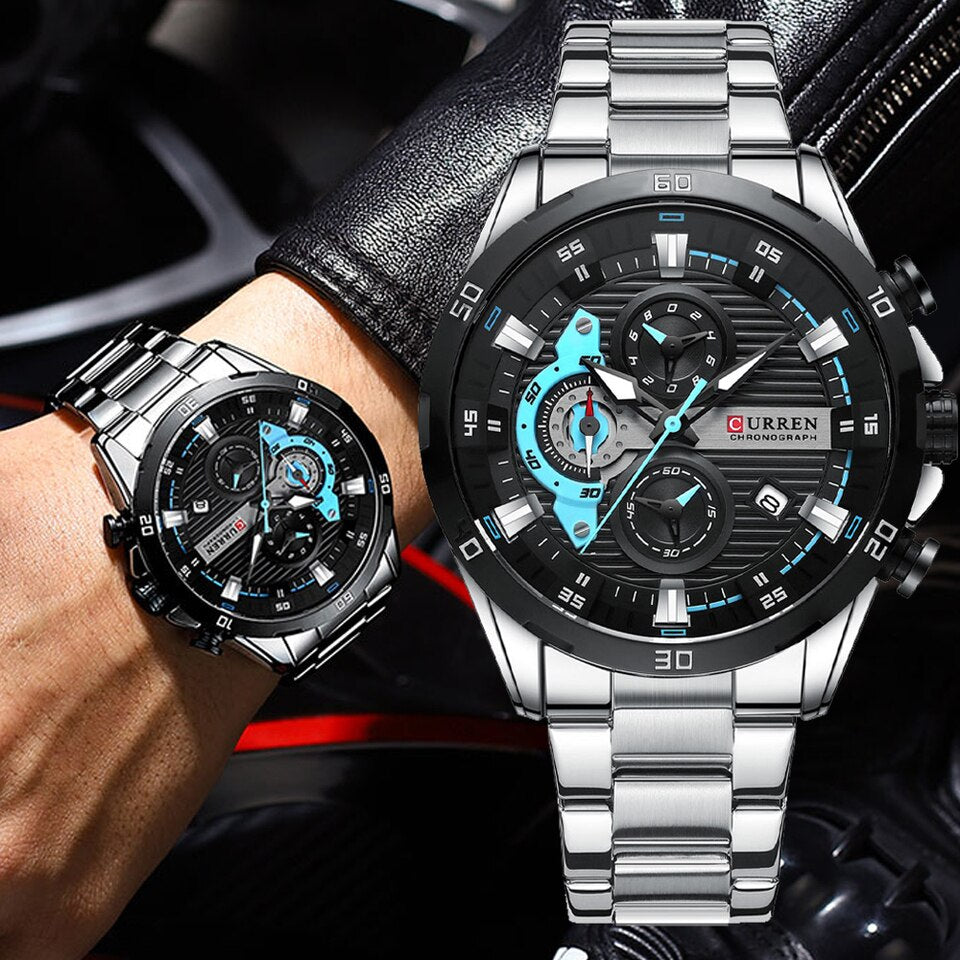 New Men Waterproof Sport Quartz Chronograph Wristwatch Luxury Stainless Steel Clock With Luminous Relogio Masculino