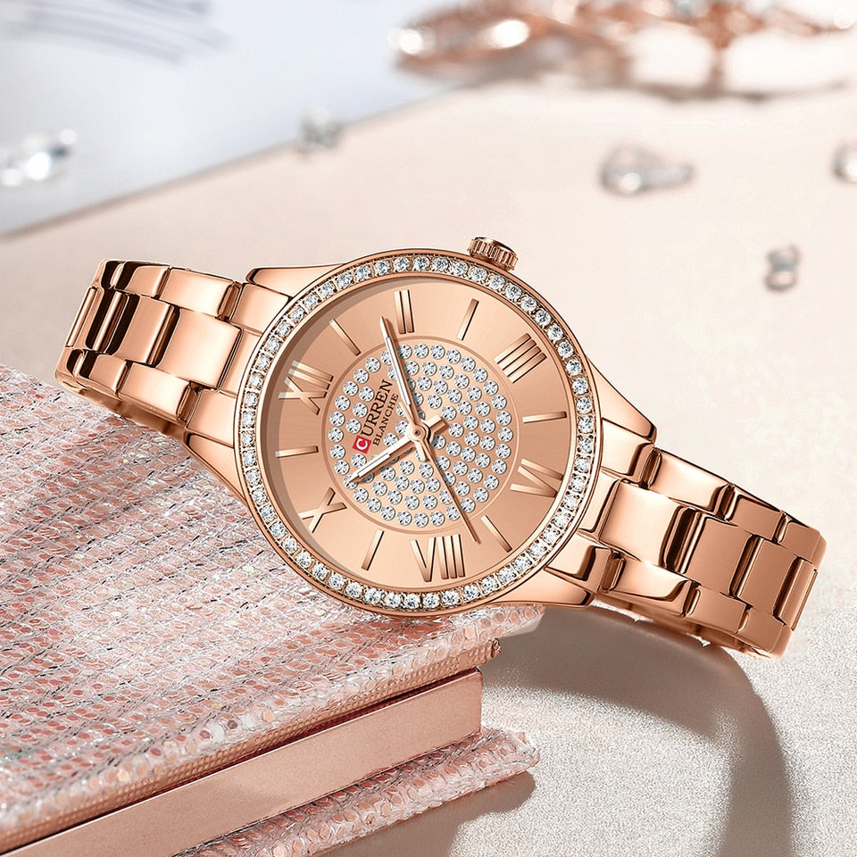 Rhinestones Rose Dial Fashion Watches with Stainless Steel Band New Quartz Wristwatches for Women