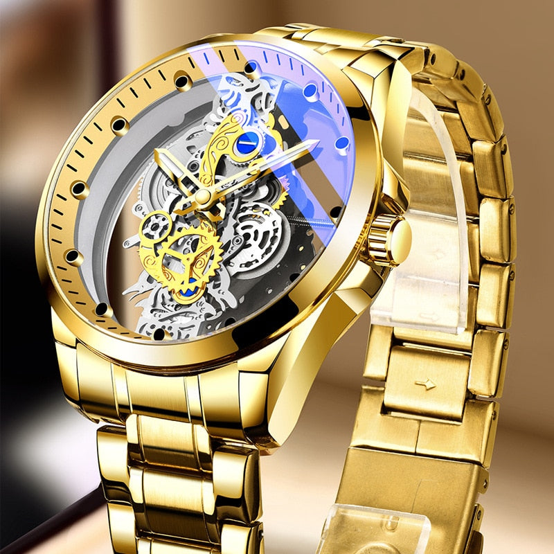 Wristwatch Double Hollow Automatic Machine Stainless Steel Men Watch Non-mechanical Quartz Movement Tourbillon Watch for Men