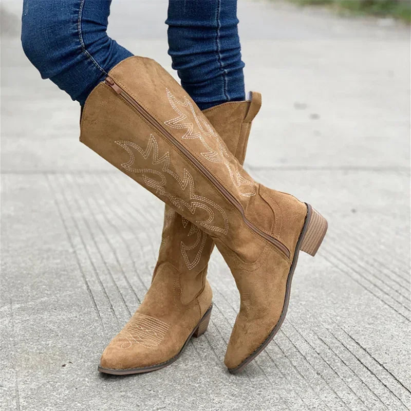 Embroidered Western Cowboy Boots for Women Autumn Pointed Toe Thick Heel High Knee Boots Woman Loose PU Leather Long Botas