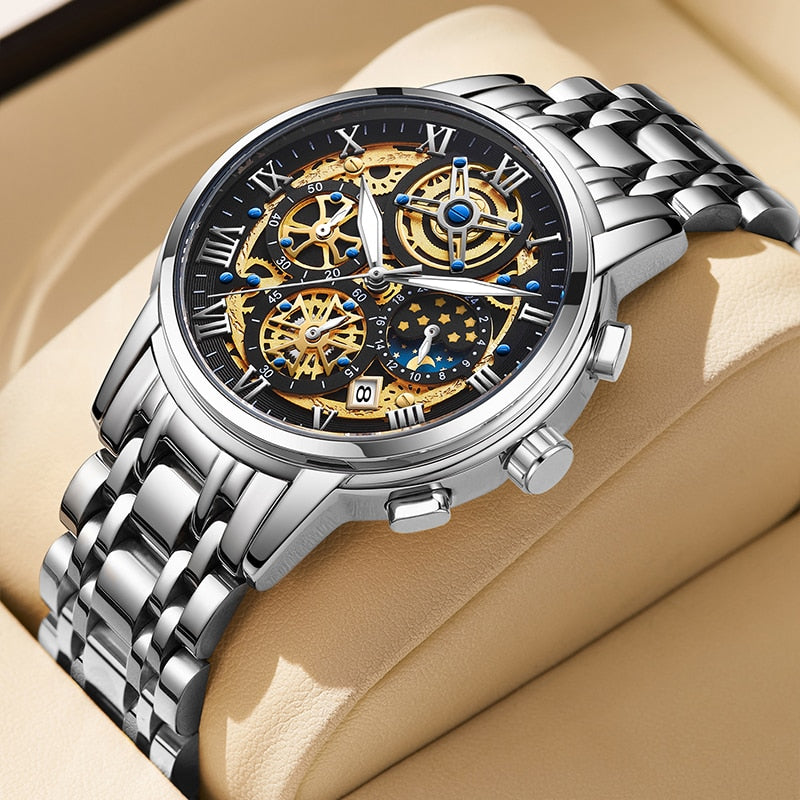 Men Watch Top Brand Original Sports Quartz Mens Watches Full Steel Waterproof Chronograph Wristwatch Men Relogio Masculino Silver yellow Black