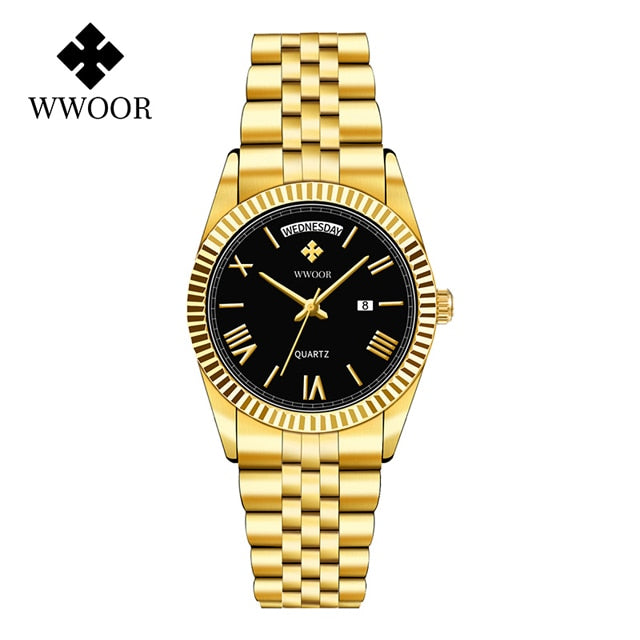 New Gold Watches Mens Luxury Stainless Steel With Calendar Warter proof Male Clock Week Quartz Wristwatch Relogio Masculino Gold black