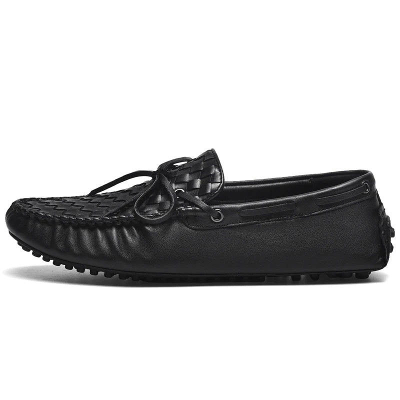 Genuine Leather Casual Shoes Men Summer Luxury Flats Mens Loafers High Quality Slip On Black Weave Office Handmade Driving Shoes