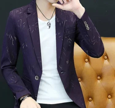 Men Casual Collar Blazers Youth Handsome Trend Slim Print Blazers PURPLE 1, XXXL