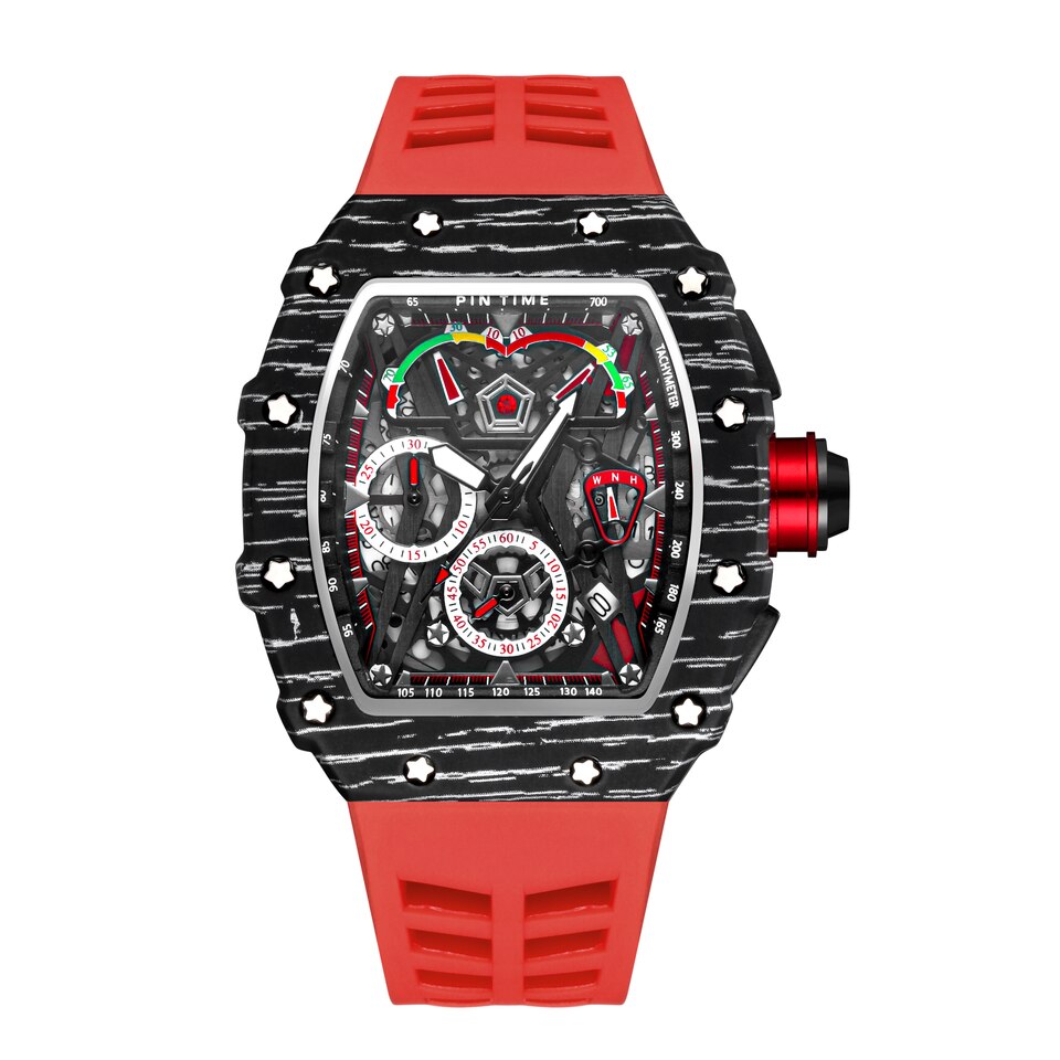 Men Fashion Sport Watch Chronograph Function Stopwatch Red Rubber Strap Auto Date Male Luxury Wristwatch