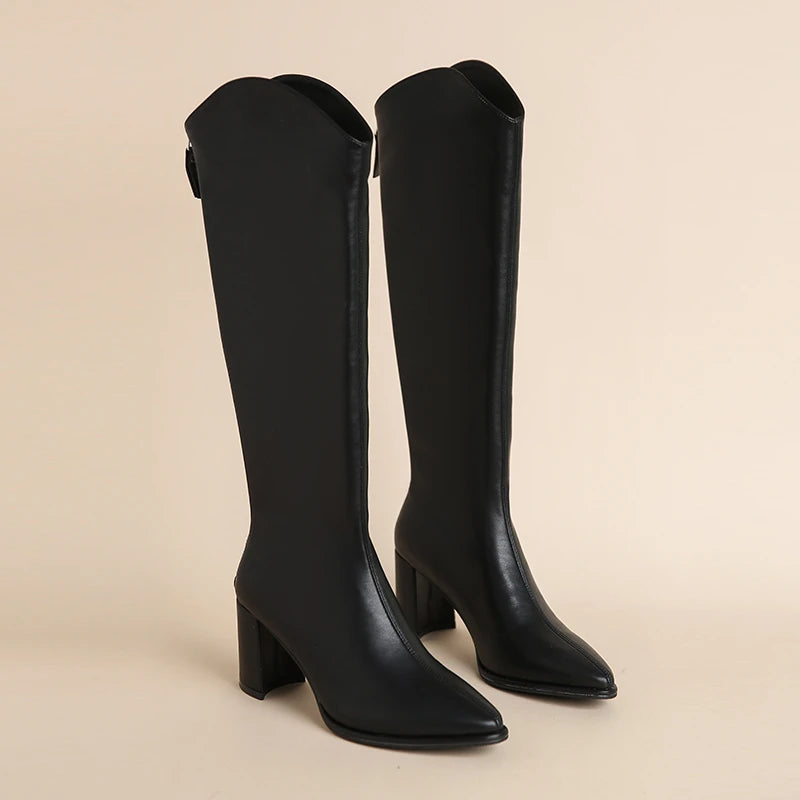 New Women Boots Zipper Thick High Heels Simple Thick High Heels Autumn Winter Boots Knee High Botas