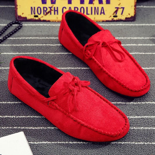 Spring Red Suede Loafers Slip On Walking Driving Shoes For Men Soft Leather Comfortable Casual Man Flat Shoes