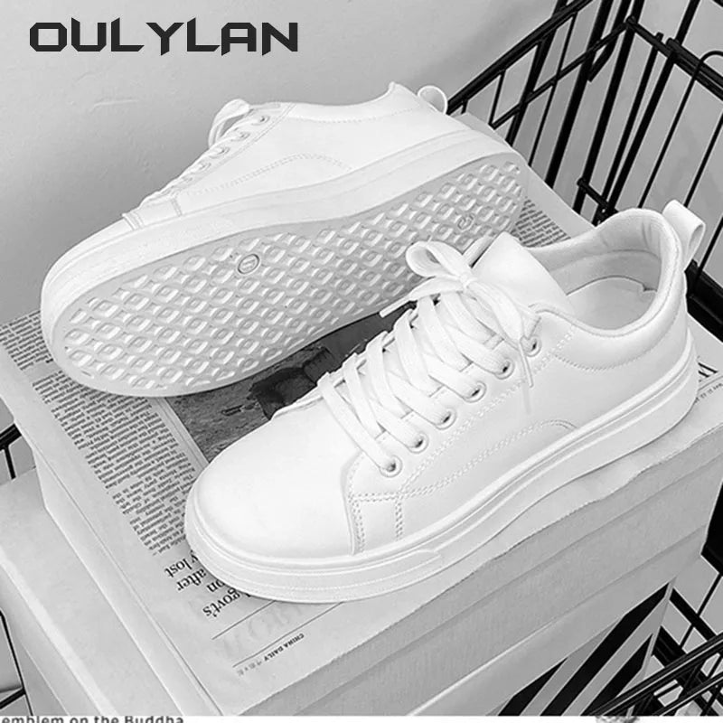 Solid Color White Black Shoes for Men Fashion Artificial PU Casual Board Shoes Trendy Student Footwear