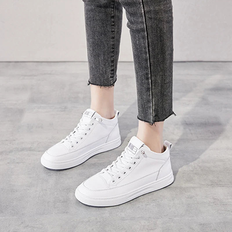 Genuine Leather Women Sneakers Autumn High Gang Vulcanized Shoes Fashion Ladies Sports Casual Little White Shoe Cowhide