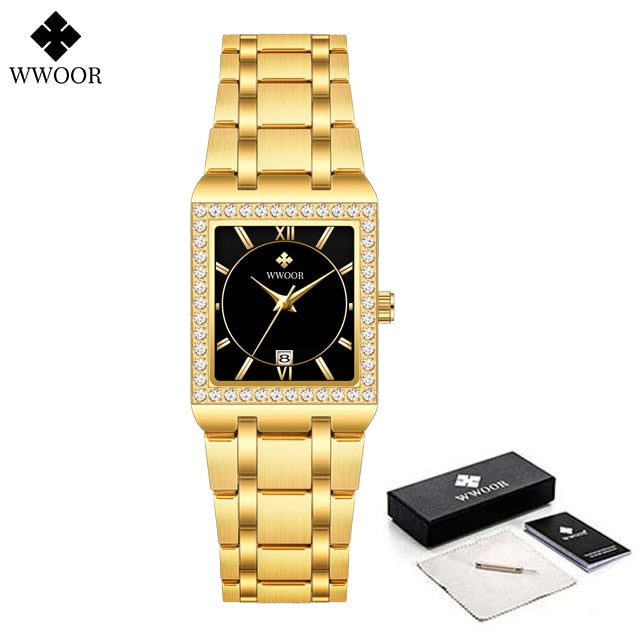 New Fashion Ladies Diamond Watch Top Brand Luxury Square Wrist Watch Simple Women Dress Small Watch Relogio Feminino Gold black 1