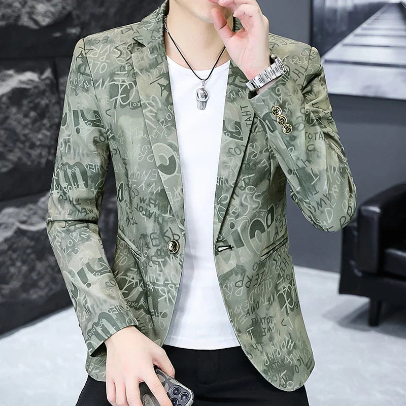 New Letter Printing Men Slim Fit High Quality Homme Social Printing Blazer green, Asian 3XL is Eur XL