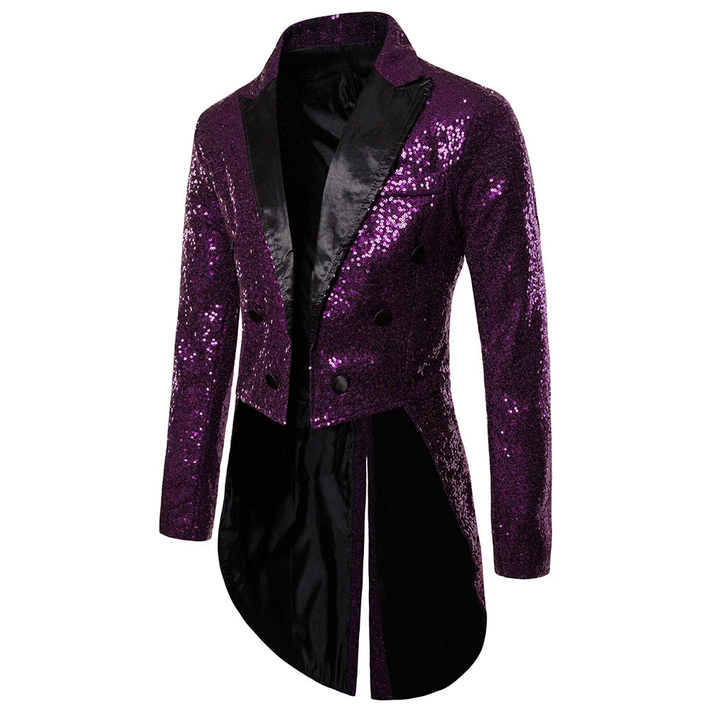 New Men Round Sequin Button Tuxedo Stage Show Wedding Host Dance Festival Blazer purple, XXL