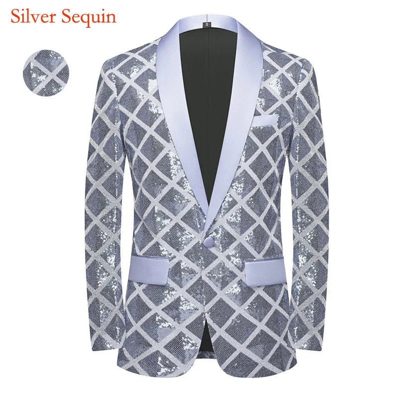 New Men Luxury Wave Striped Gold Sequin Blazer Shawl Lapel One Button Shiny Wedding Party Dinner Tuxedo Blazer Partten 16, US XXXL