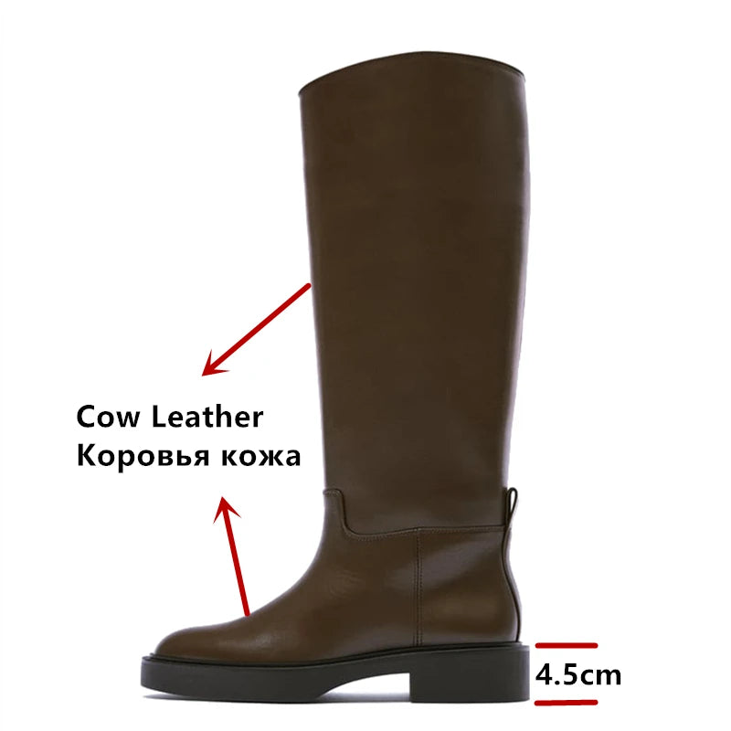 Genuine Leather Knee High Boots For Women Thick Heeled Autumn Winter Warm Shoes Woman High Motorcycle Boots