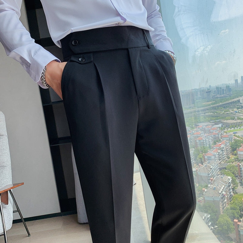 New Men British Style Autumn New Solid High Waist Trousers Men Formal Pants High Quality Slim Fit Business Casual Suit Pants Hommes 03 Black, 30, China