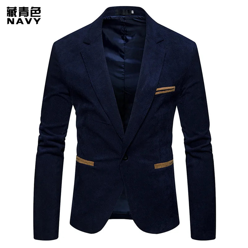 New Men Leisure Corduroy Blazers Patchwork Single Button Casual Slim Navy Blue, XXL