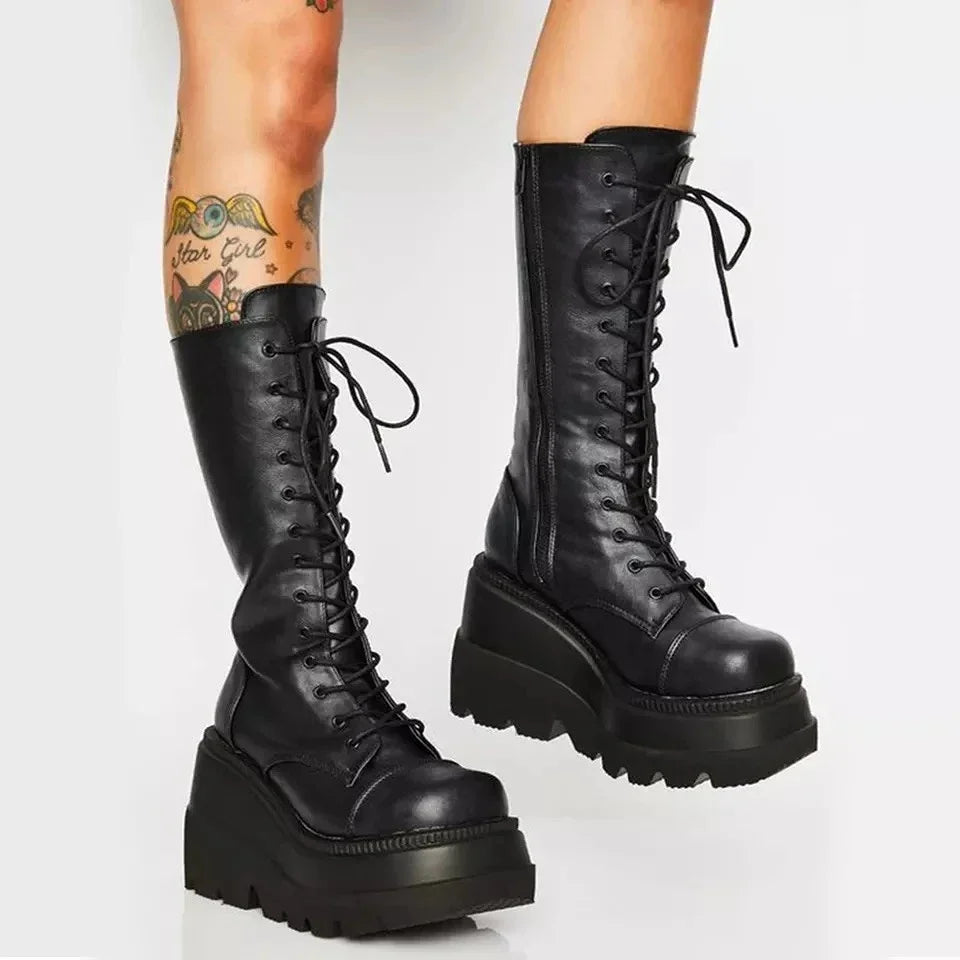 Punk Women Platform Boots Elastic Microfiber Chunky Heel Mid-calf Ladies Boots Spring Autumn Brand Black Goth Women Shoes