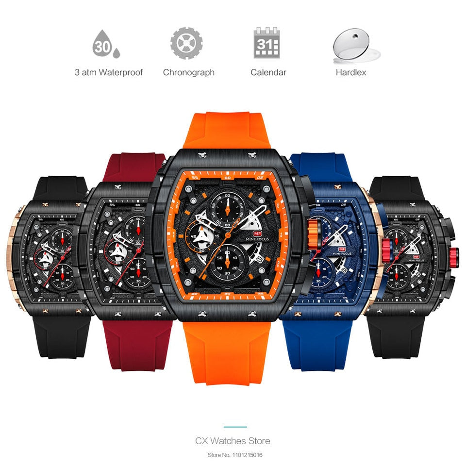 Chronograph Quartz Watch for Men Tonneau Dial Military Sport Wristwatch with Orange Silicone Strap Auto Date