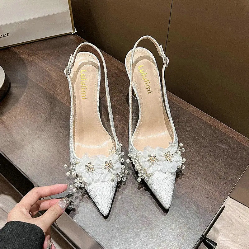 French Bride Gold Wedding Shoes Thin Heel Pointed Shallow Mouth Flower Rhinodrill High Heels Bao Head Fashion Women Sandals