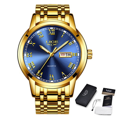 LIGE Stainless Steel Watch Luxury Men Watches Date Watch for Men Business Wirstwatchs Men Waterproof Quartz Watches Classic Clock gold blue, China