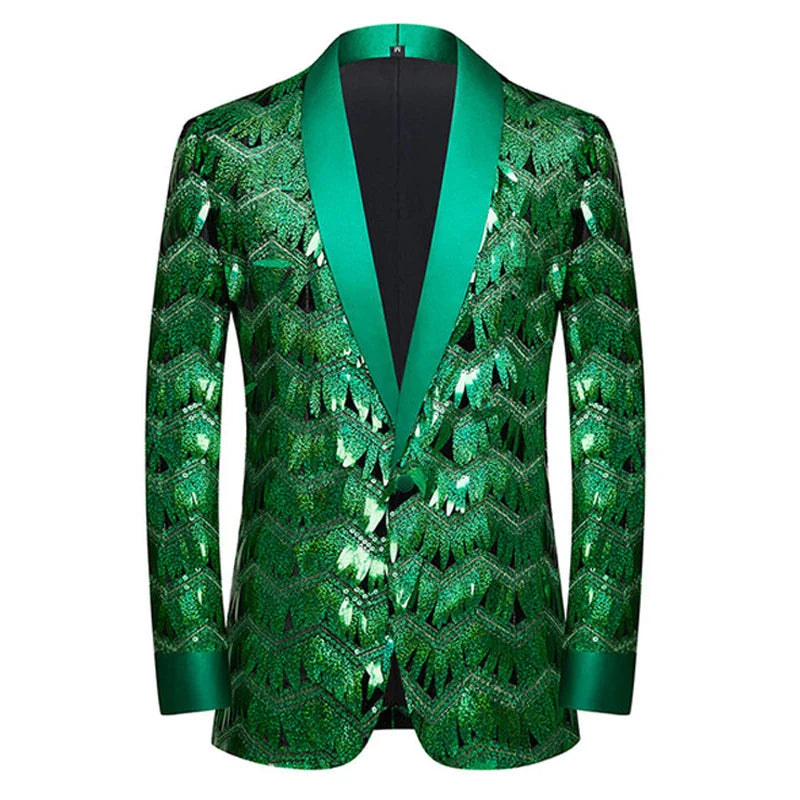 New Men Luxury Wave Striped Gold Sequin Blazer Shawl Lapel One Button Shiny Wedding Party Dinner Tuxedo Blazer Pattern 1 Green, US XS