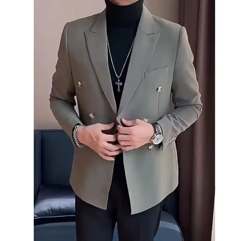 New Men Business Double Breasted Dress Blazer Classic Fashionable Promotion Coat High Quality Light Brown Blazer, S