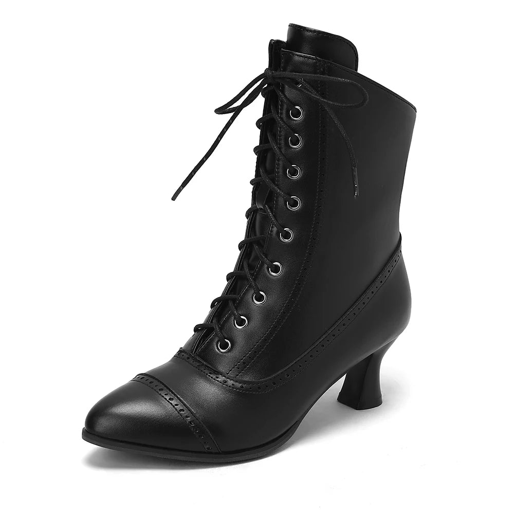 New Lace Up Ladies High Heel Shoes Strange Steampunk Boot Victorian Ankle Boots Women Pointed Toe Thick Soled Short Boots