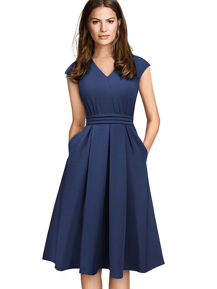 New Brief Elegant Solid Color Sleeveless vestidos with Pocket A-Line Women Flare Dress A196 Navy Blue, M