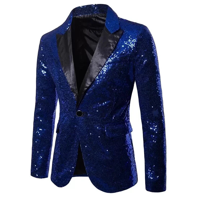 New Formal Men Shiny Blazer Sequins Party Button Dance Bling Wedding Gentleman Blue, Asian XXL(US L), CHINA