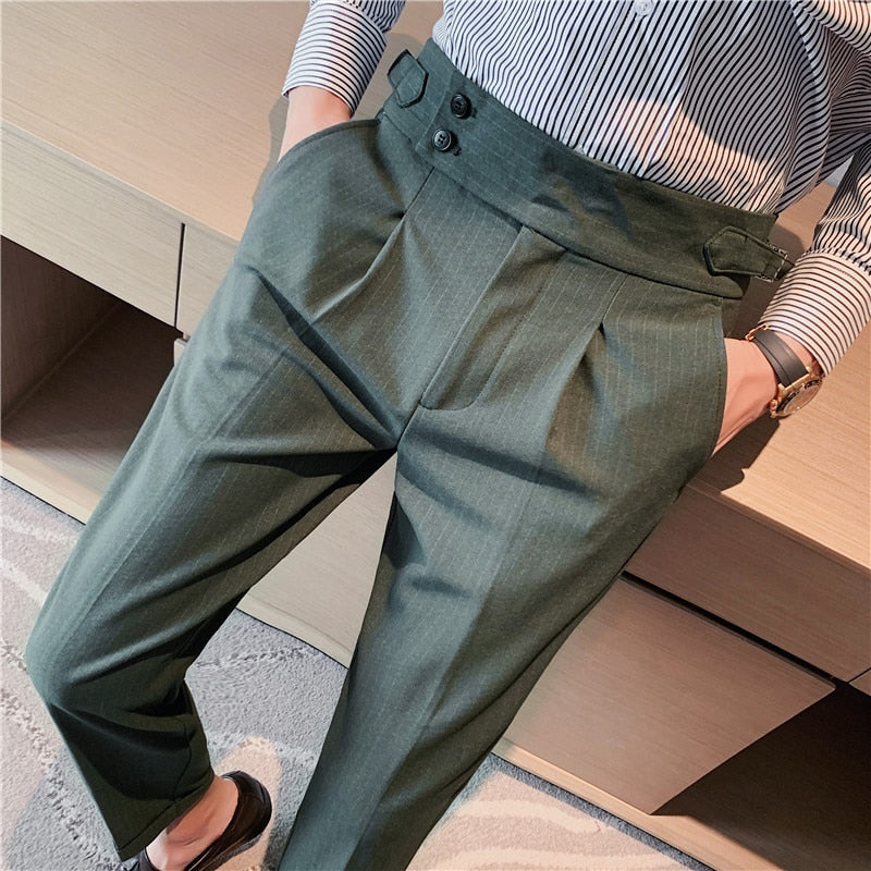 New Men British Style Autumn New Solid High Waist Trousers Men Formal Pants High Quality Slim Fit Business Casual Suit Pants Hommes A07 Green, 29, China