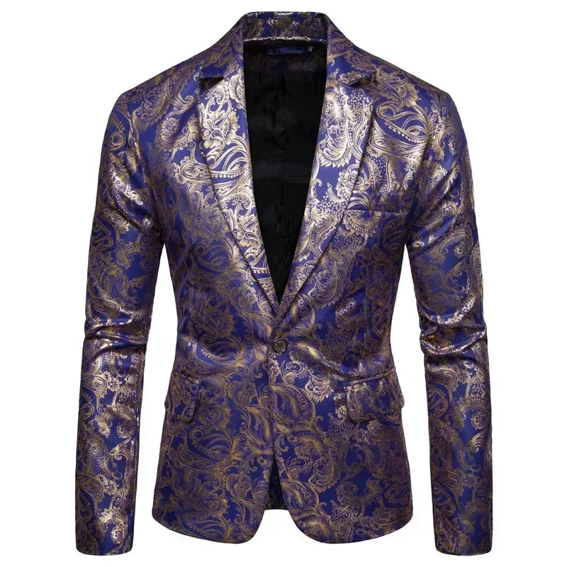 New Men Golden Floral Blazers Business Casual Wedding Dress Gold Coat Purple, XL