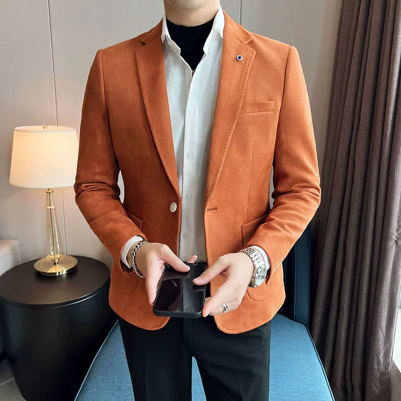 New Suit Coat Men's Slim Fit Deerskin Velvet Elegant Luxury Blazer Caramel, Asia M 50-56KG