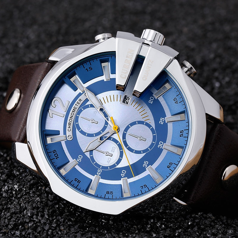 Men Watches Top Brand Luxury Gold Male Watch Fashion Leather Strap Outdoor Casual Sport Wristwatch With Big Dial brown blue white