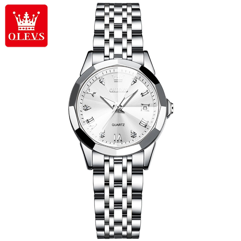 OLEVS Quartz Watch for Women Solid Stainless Steel Strap Rhombus Design Elegant Ladies Wristwatch Bracelet Necklace Gift Box Set Silver White, China