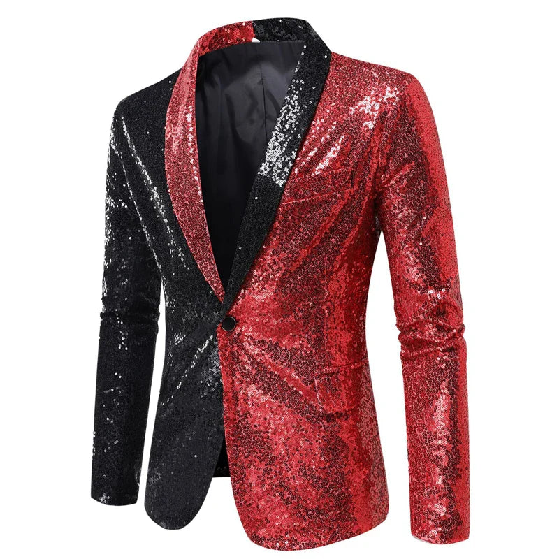 New Shiny Sequin Glitter Blazer for Men One Button Peak Collar Tuxedo Wedding Groom Party Prom Stage Costume Homme X22 Black Red, US Size S