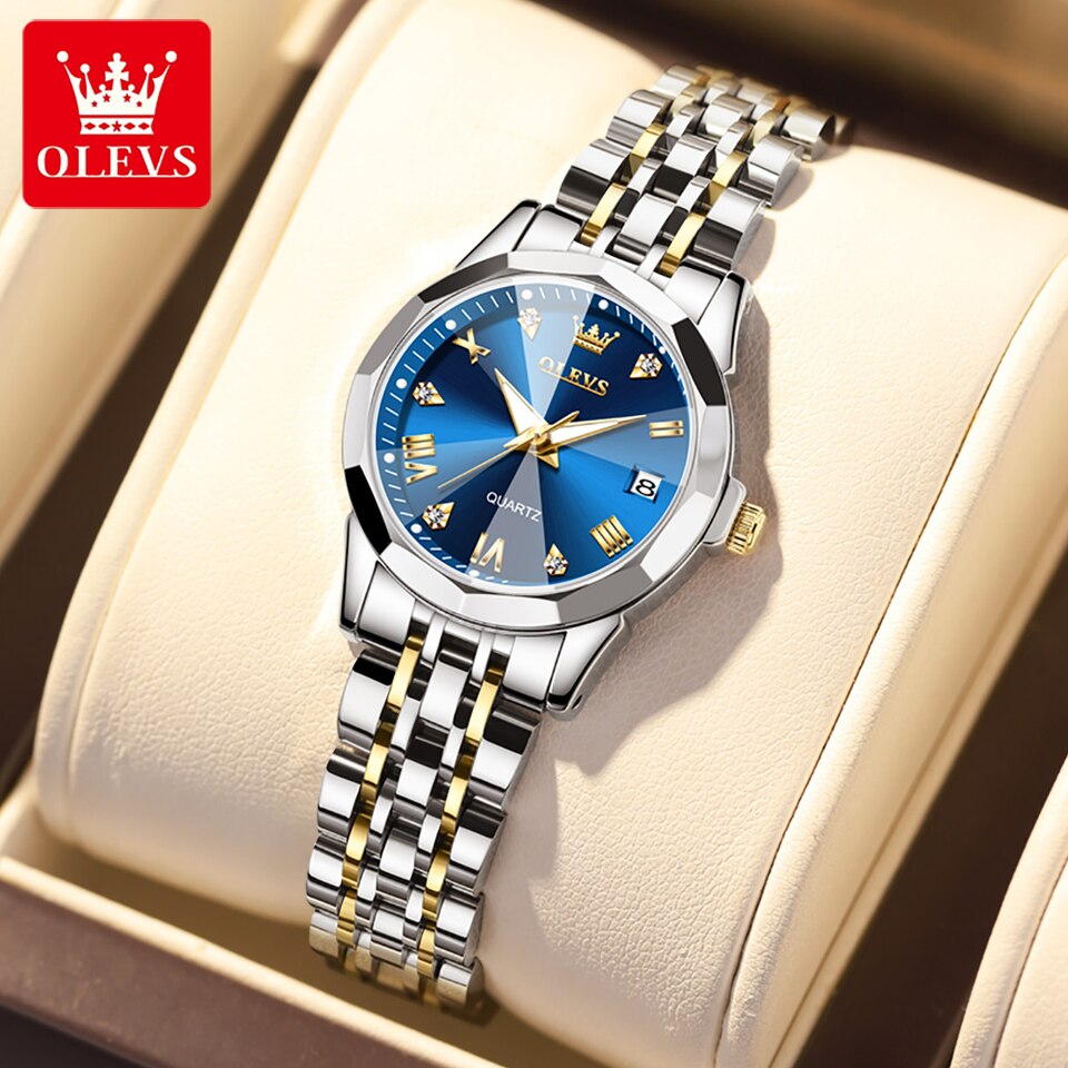 OLEVS Quartz Watch for Women Solid Stainless Steel Strap Rhombus Design Elegant Ladies Wristwatch Bracelet Necklace Gift Box Set