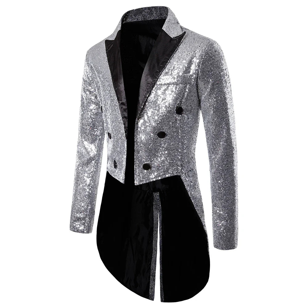 New Men Round Sequin Button Tuxedo Stage Show Wedding Host Dance Festival Blazer silver, M