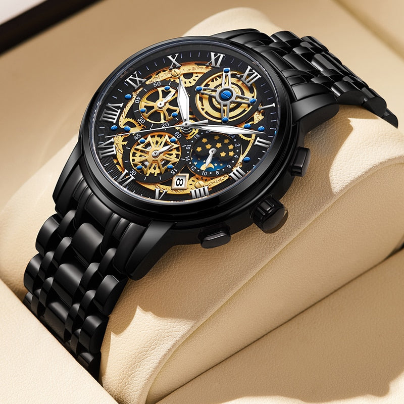 Men Watch Top Brand Original Sports Quartz Mens Watches Full Steel Waterproof Chronograph Wristwatch Men Relogio Masculino All black