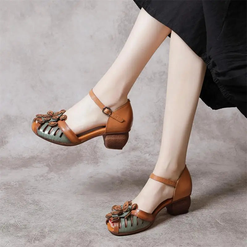 Women Mother Ladies Female Genuine Leather Sandals Shoes Platform Summer Cool Beach Retro Flowers High Heel Buckle Strap