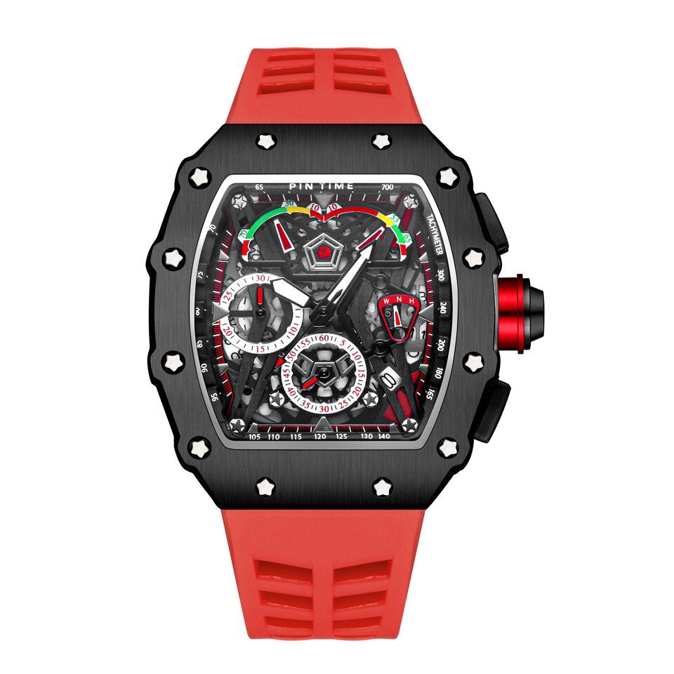 Men Fashion Sport Watch Chronograph Function Stopwatch Red Rubber Strap Auto Date Male Luxury Wristwatch