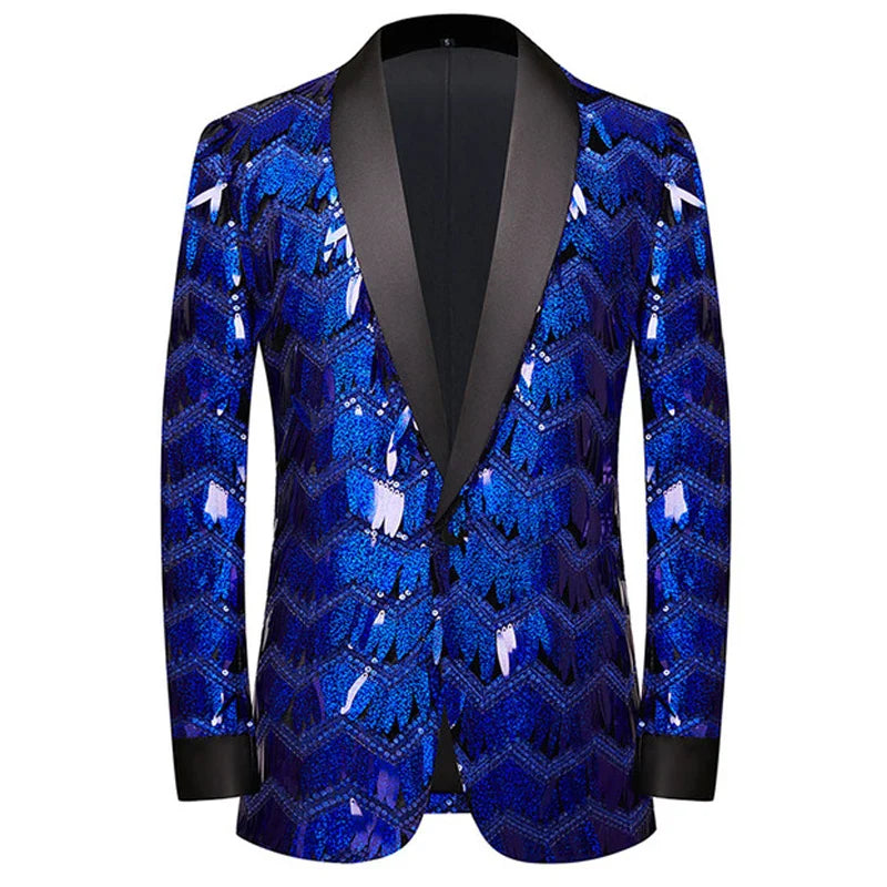 New Men Luxury Wave Striped Gold Sequin Blazer Shawl Lapel One Button Shiny Wedding Party Dinner Tuxedo Blazer Pattern 1 Blue, US L