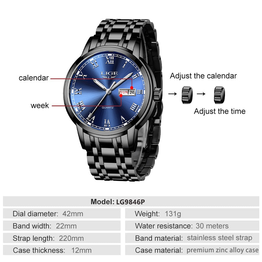 LIGE Stainless Steel Watch Luxury Men Watches Date Watch for Men Business Wirstwatchs Men Waterproof Quartz Watches Classic Clock