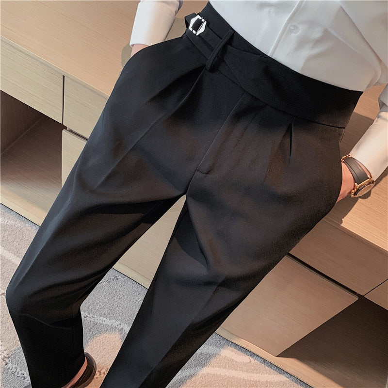 New Men British Style Autumn New Solid High Waist Trousers Men Formal Pants High Quality Slim Fit Business Casual Suit Pants Hommes 26 Black, 32, China