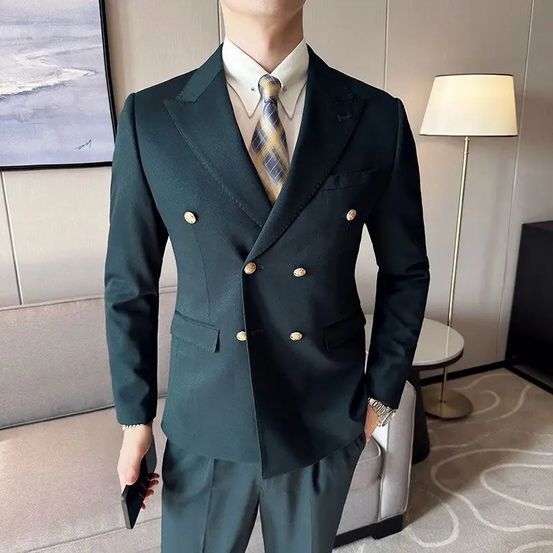 New Men Business Double Breasted Dress Blazer Classic Fashionable Promotion Coat High Quality Dark Green Blazer, L