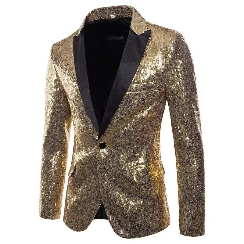 New Formal Men Shiny Blazer Sequins Party Button Dance Bling Wedding Gentleman Gold, Asian XL(US M), CHINA