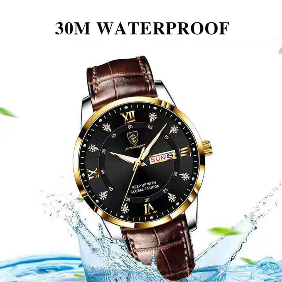 Men Watch Fashion High Quality Leather Watches Waterproof Luminous Week Date Top Brand Luxury Quartz Man Wristwatch