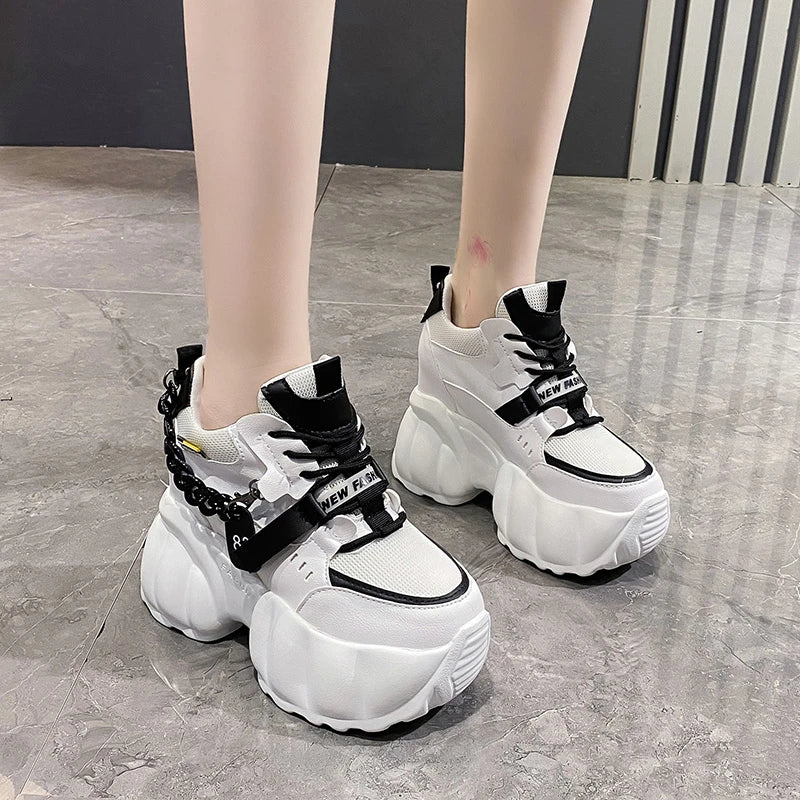 Women Chain Chunky Sneakers White Black Fashion 10CM Thick Sole Casual Ladies Vulcanized Shoes Sport High Platform Sneaker Woman