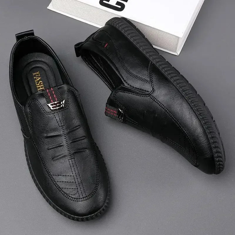 Business Leather Men Shoes Summer Slip on Loafers Breathable Men Casual Leather Soft Shoes Black Flats Driving Shoes Moccasins