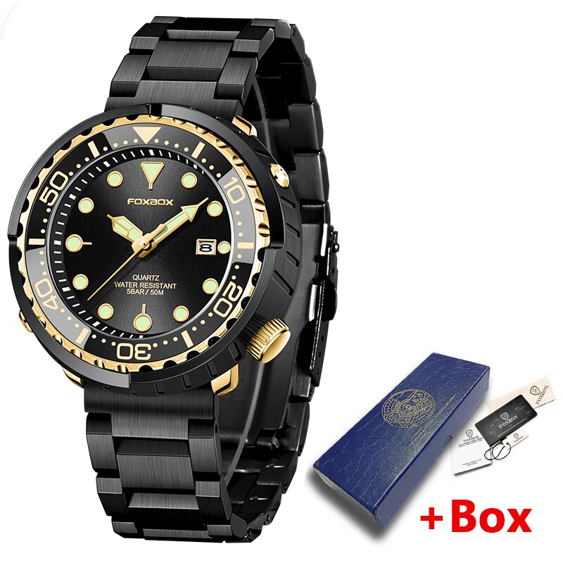 New Men Watches 5ATM Sports Waterproof Quartz Wristwatch Luminous Clock with Steel Bezel Watch for Men Relogio Masculino+Box Black Gold-03L