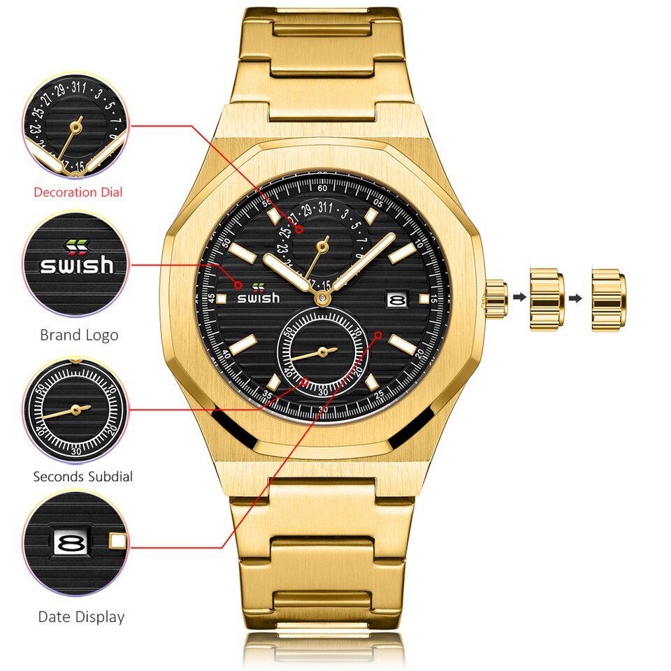 Fashion Octagonal Chronograph Quartz Watches Men Top Brand Luxury Golden Stainless Steel Wristwatch Man Waterproof 3ATM